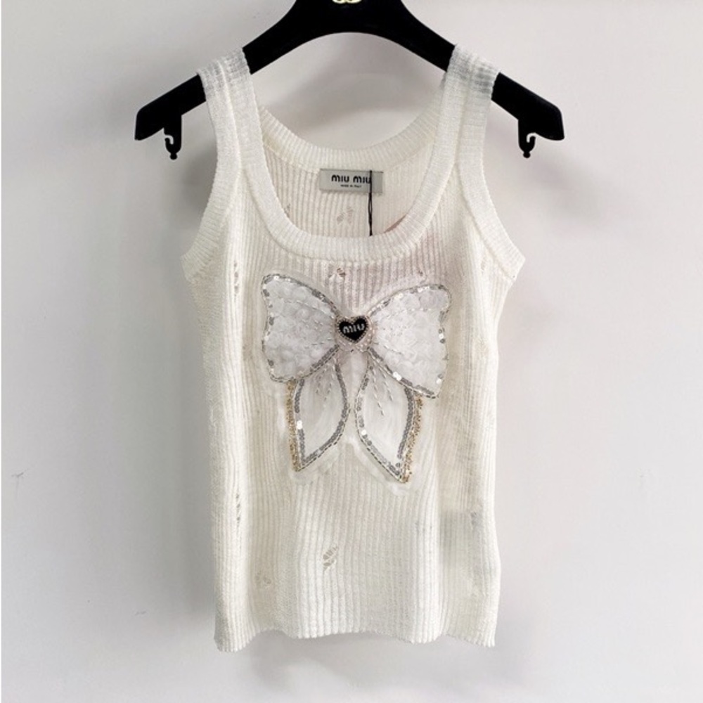 Miu Miu White Ribbed Tank with Sequin Bow